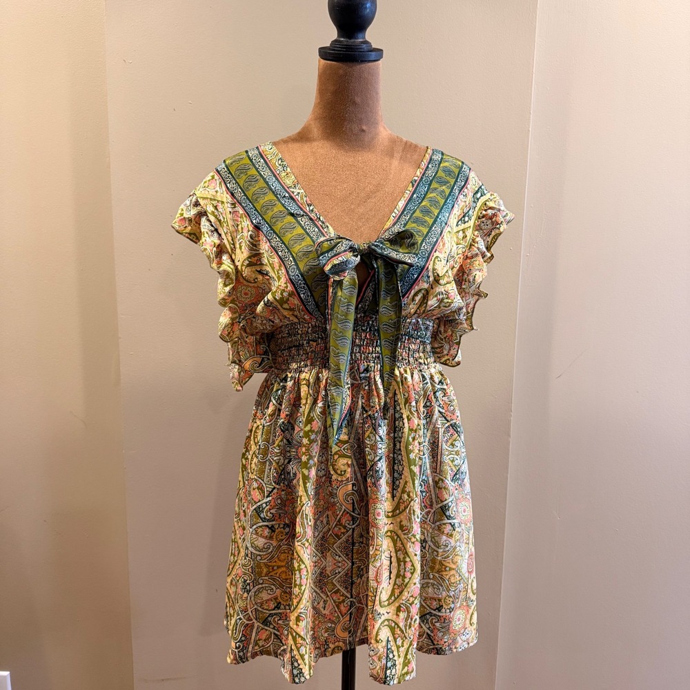 Zury Paisley Silk Mini Dress Womens OS Silk/Viscose Blend Boho Tie Front Smocked
